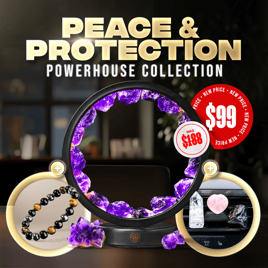 A promotional image for Conscious Items' Peace & Protection Powerhouse Collection with an amethyst lamp, protection bracelet, crystals, and a red $99 Black Friday price tag (originally $188).