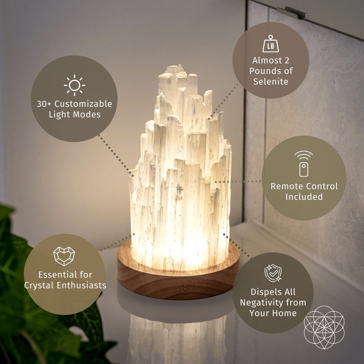 The Peace & Purification Duo by Conscious Items rests on a counter, featuring 30+ light modes, remote control, and nearly 2 lbs of crystal power—dispelling negativity and perfect for crystal lamp enthusiasts.