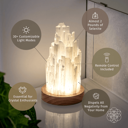 The Peace & Purification Duo by Conscious Items rests on a counter, featuring 30+ light modes, remote control, and nearly 2 lbs of crystal power—dispelling negativity and perfect for crystal lamp enthusiasts.