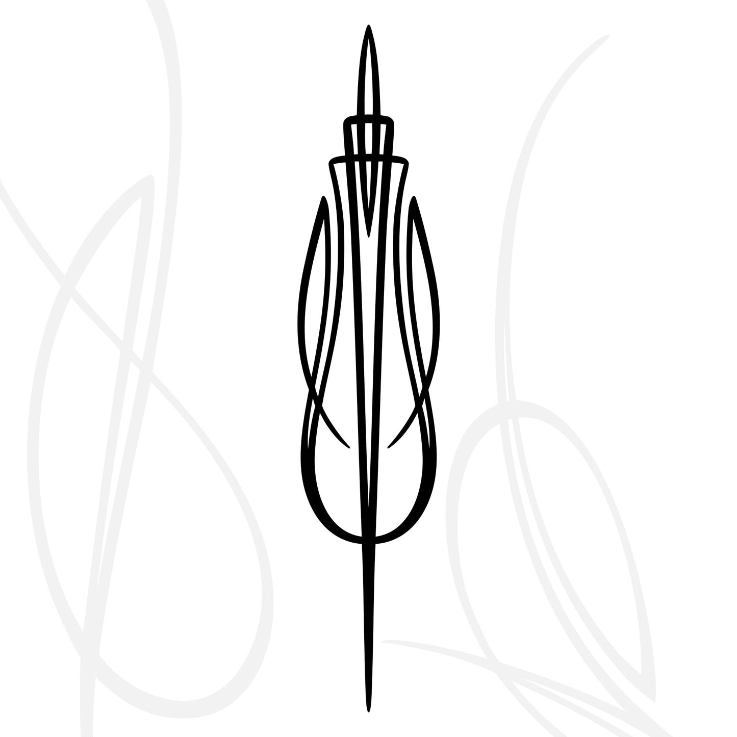 Minimalist black line art of a stylized flower or tulip with thin, elegant curves, set against a white background with faint, larger floral outlines in light gray.
