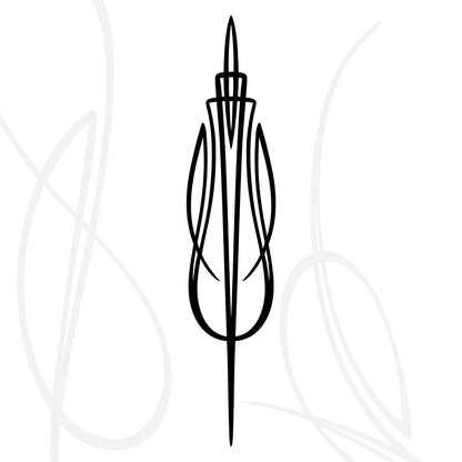 Minimalist black line art of a stylized flower or tulip with thin, elegant curves, set against a white background with faint, larger floral outlines in light gray.