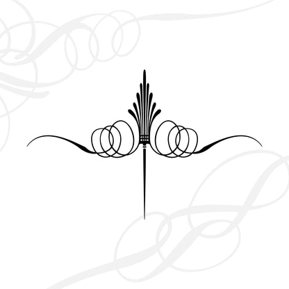 A decorative black flourish with elegant loops, curves, and a central vertical design on a white background, featuring faint swirled patterns in the corners.