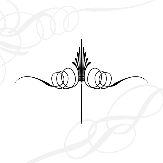 A decorative black flourish with elegant loops, curves, and a central vertical design on a white background, featuring faint swirled patterns in the corners.