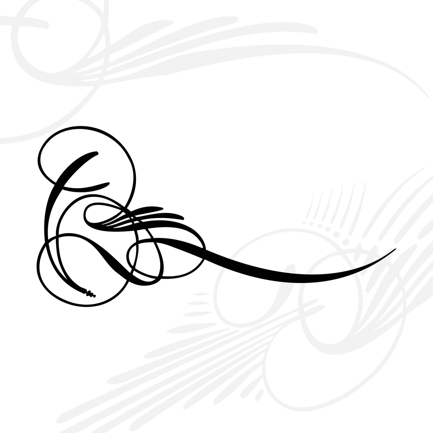 A decorative black calligraphic swirl with loops extending outward, set against a white background with faint, similar gray swirls in the corners.