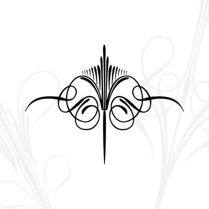 Black ornamental flourish design with symmetrical, swirling lines and a central vertical element on a white background, with faint, decorative patterns in the backdrop.