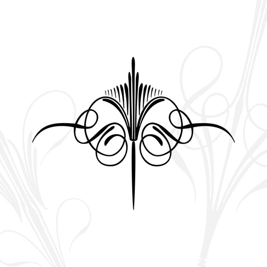 Black ornamental flourish design with symmetrical, swirling lines and a central vertical element on a white background, with faint, decorative patterns in the backdrop.