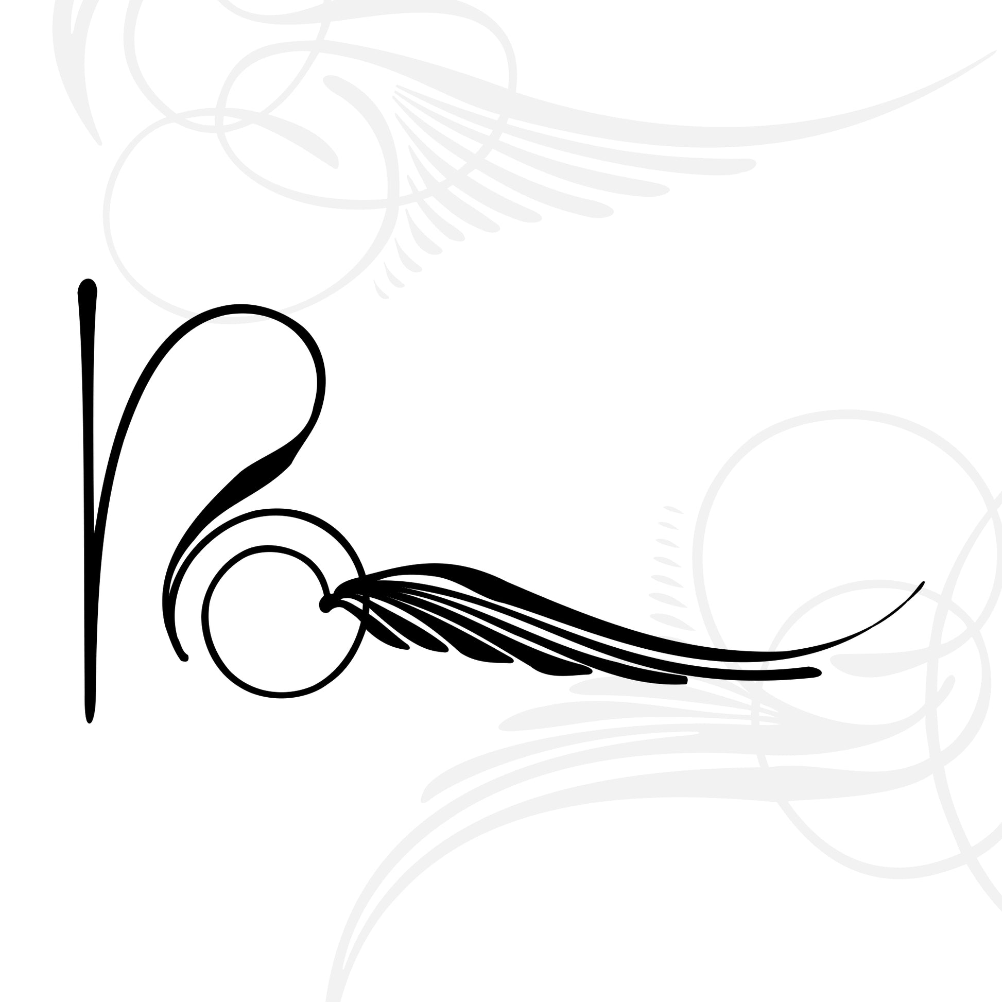 Elegant black calligraphic design featuring a stylized letter R with a circular flourish and wing-like lines extending right, set against a white background with faint gray ornamental swirls.