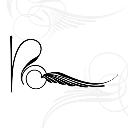 Elegant black calligraphic design featuring a stylized letter R with a circular flourish and wing-like lines extending right, set against a white background with faint gray ornamental swirls.