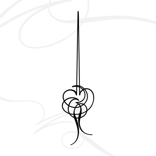 A single sewing needle with thread passes through its eye, forming a loose, tangled knot. The background features faint, elegant swirling lines.