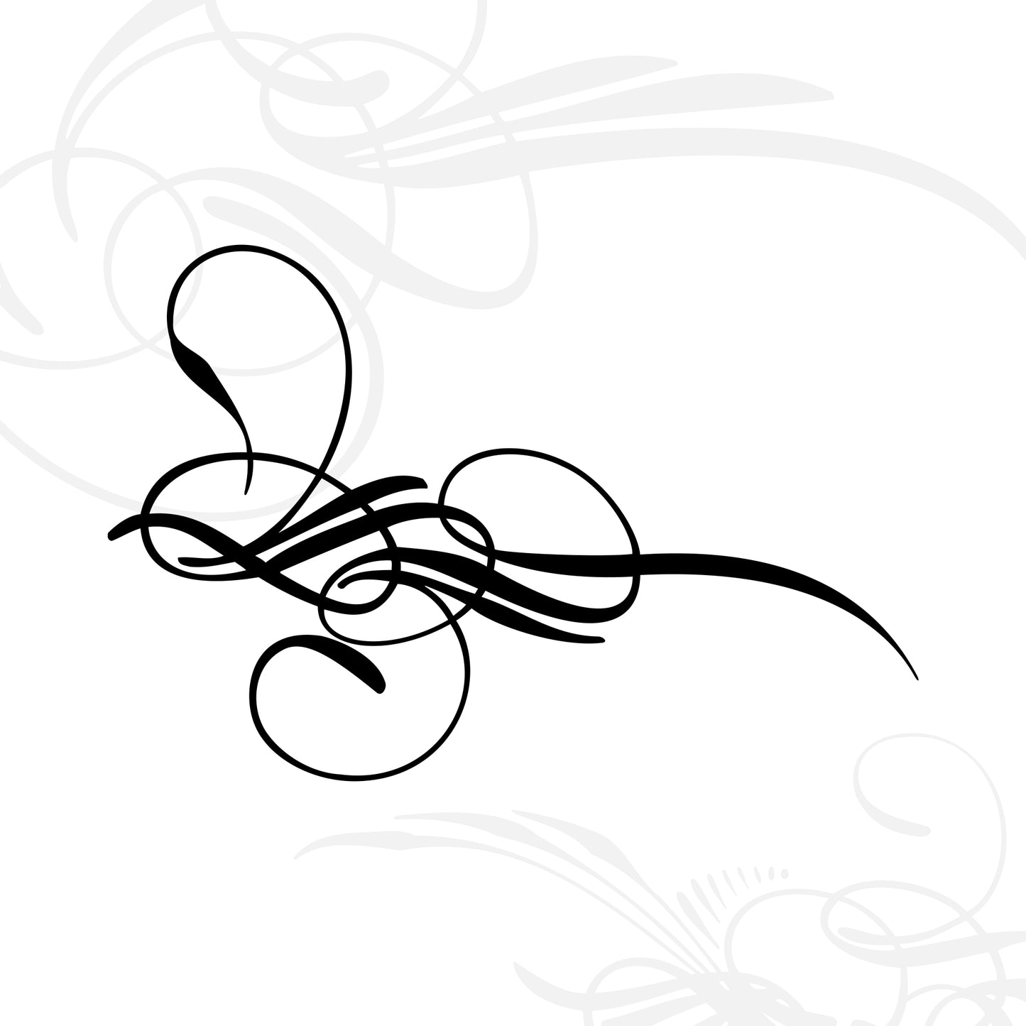 Black ornamental flourish with swirling, curved lines on a white background, featuring intricate loops and abstract shapes. Faint grey flourishes decorate the background for an elegant, decorative effect.
