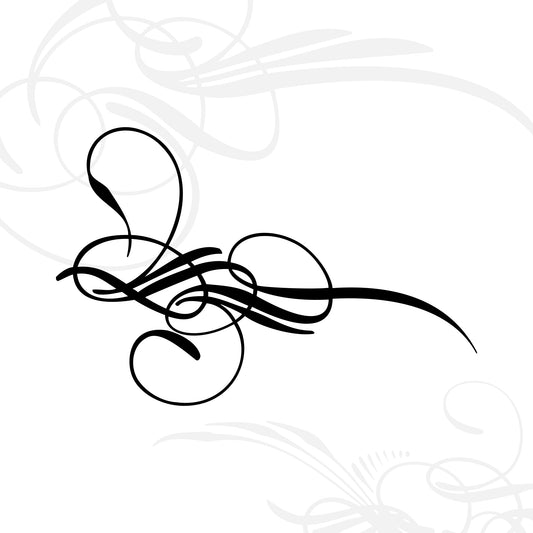 Black ornamental flourish with swirling, curved lines on a white background, featuring intricate loops and abstract shapes. Faint grey flourishes decorate the background for an elegant, decorative effect.