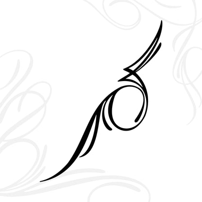 A minimalist black abstract line design curves upward on a white background, with soft, light gray swirling patterns in the background.