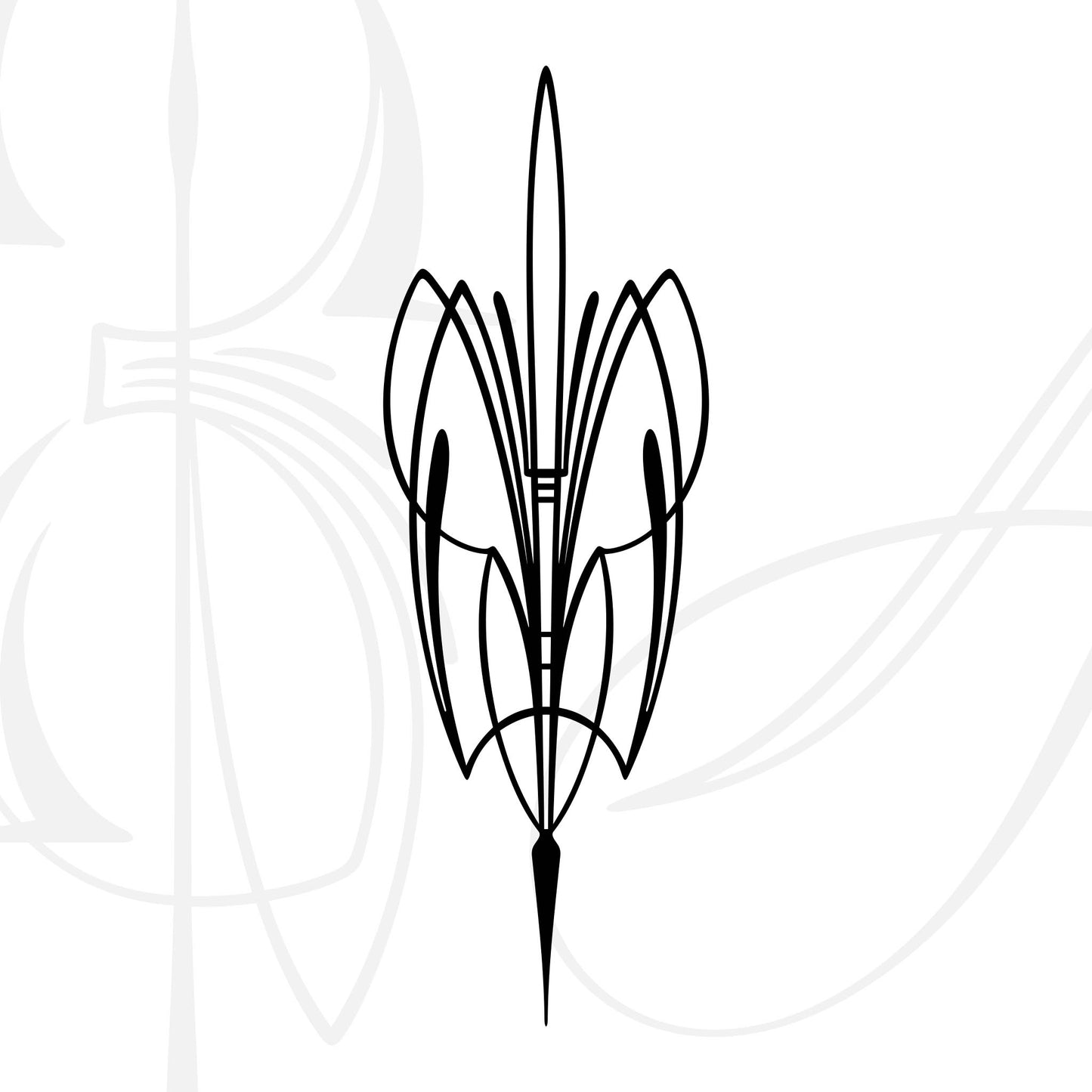 A symmetrical black geometric tattoo design resembling a stylized spear or flower, with curved and pointed lines; faint, larger abstract shapes appear in the white background.