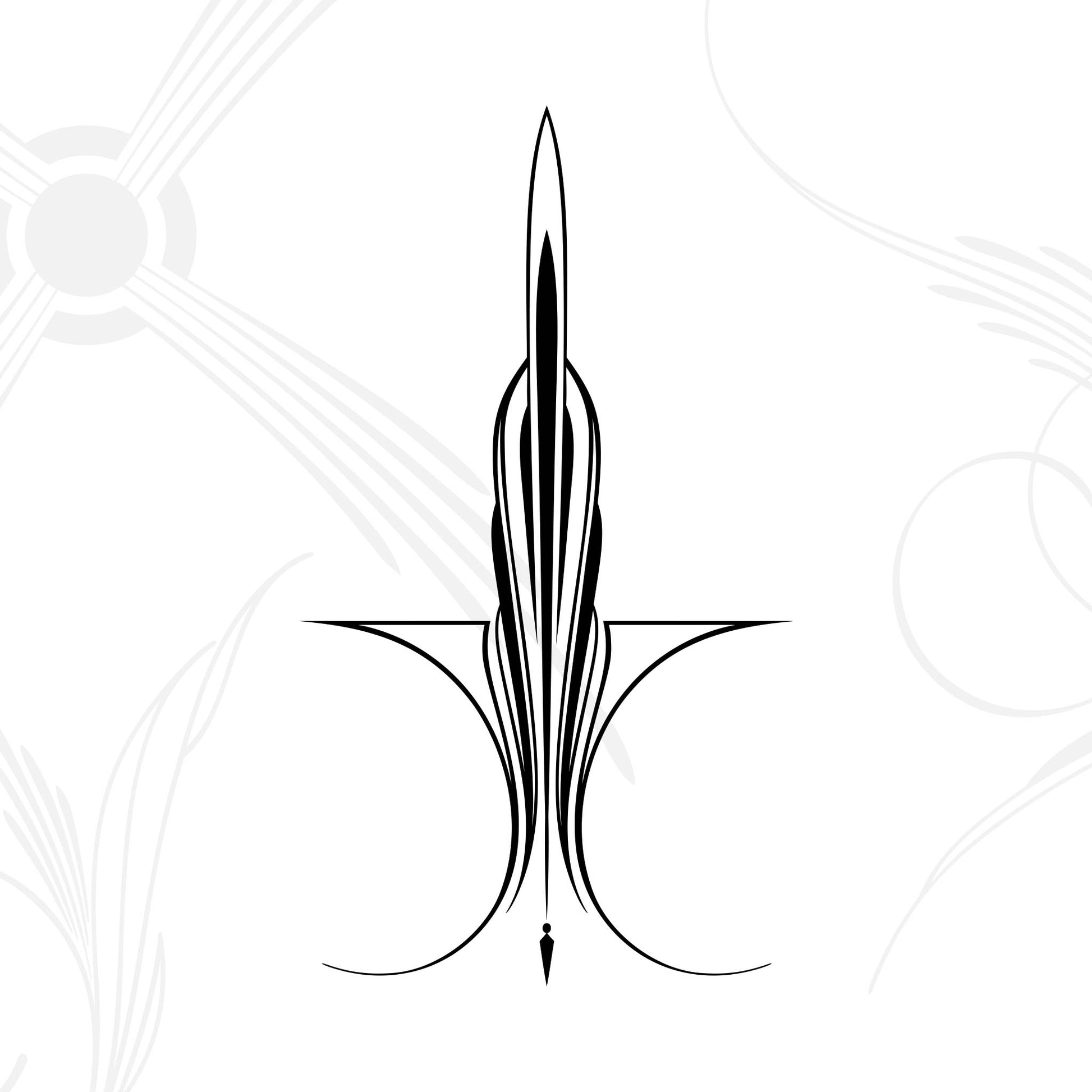 A symmetrical, black, abstract design resembling a stylized fountain pen with elegant, curved lines on a white background with faint, decorative gray patterns.