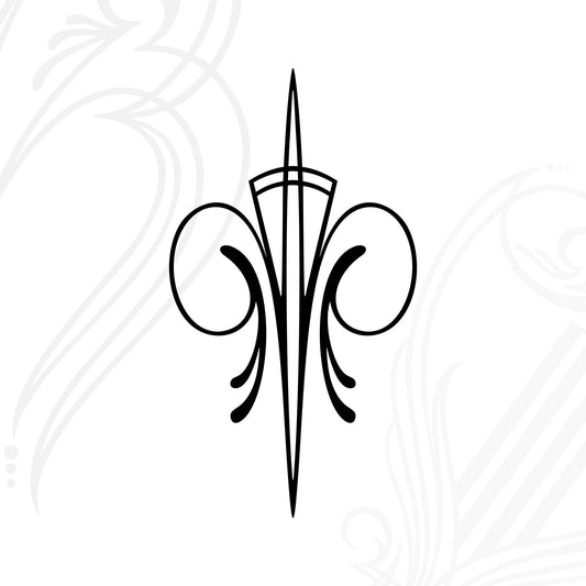 Black ornate symmetrical flourish design with curved and pointed lines, resembling a stylized fleur-de-lis, centered on a white background with faint decorative patterns.