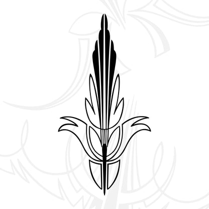 Black and white stylized illustration of a vertical plant with elongated leaves and a pointed central stalk, set against a faint, larger version of the same design in the background.