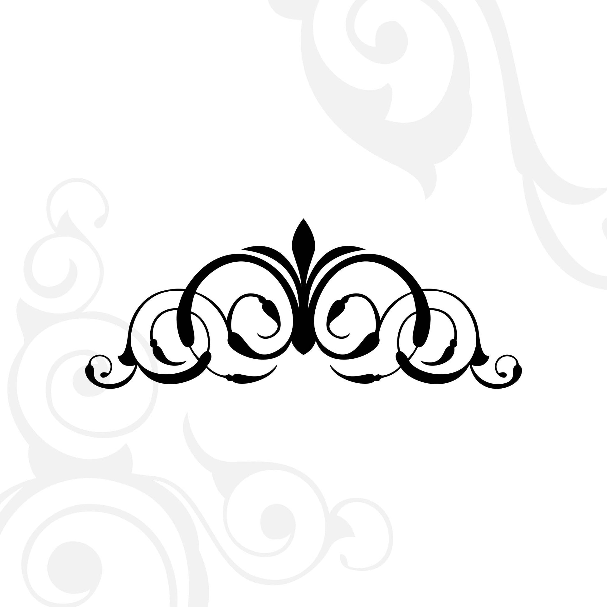 Black ornamental swirl design with symmetrical curves and flourishes on a white background, featuring additional faint gray swirl patterns in the corners.