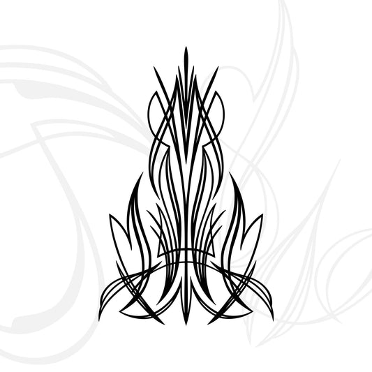 A symmetrical black line art tribal design with pointed shapes and flowing curves, resembling stylized leaves or flames, set against a white background with faint gray abstract patterns.