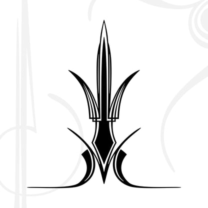 Black symmetrical abstract design resembling a stylized, sharp-edged plant or spearhead, with curved and pointed elements, centered on a white background with faint gray decorative swirls.