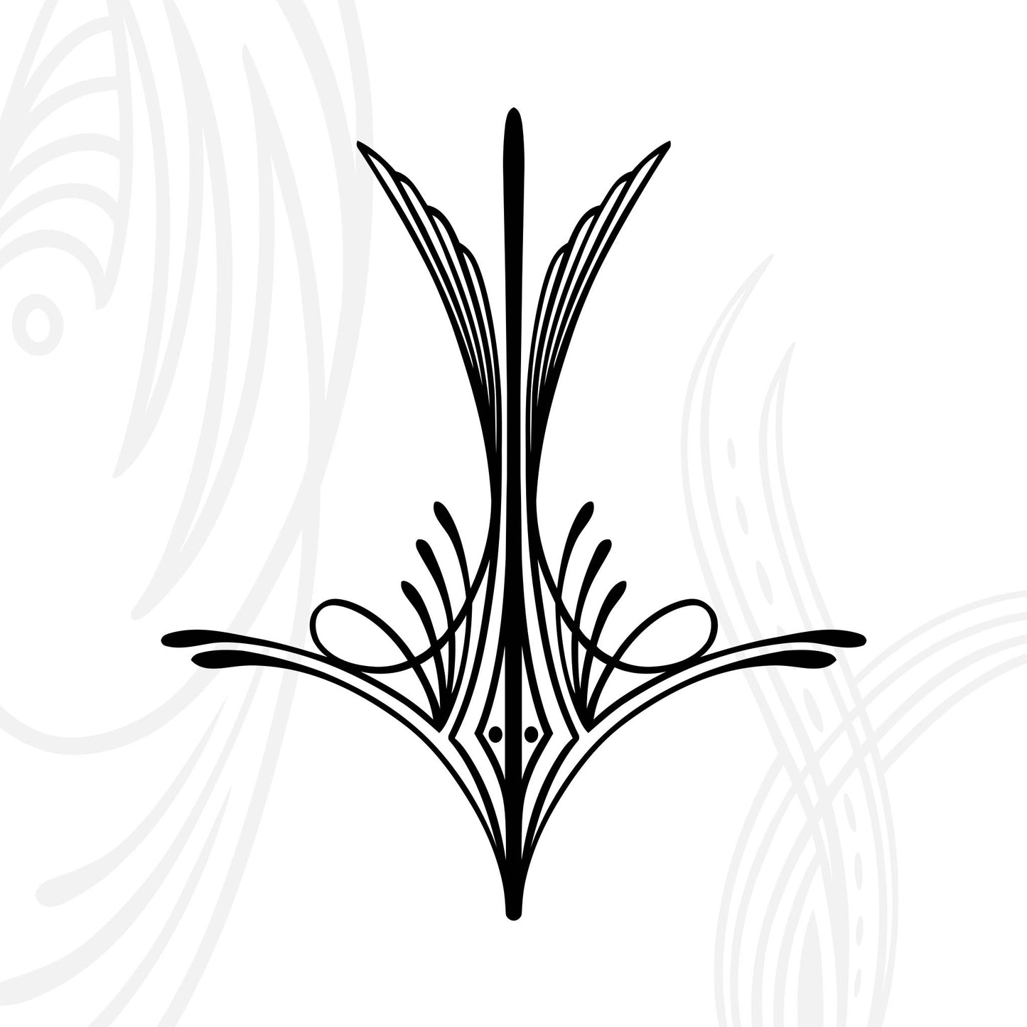 Black symmetrical line art design with pointed, wing-like shapes and curved accents, resembling an abstract floral or ornamental motif, on a white background with faint grey patterns.