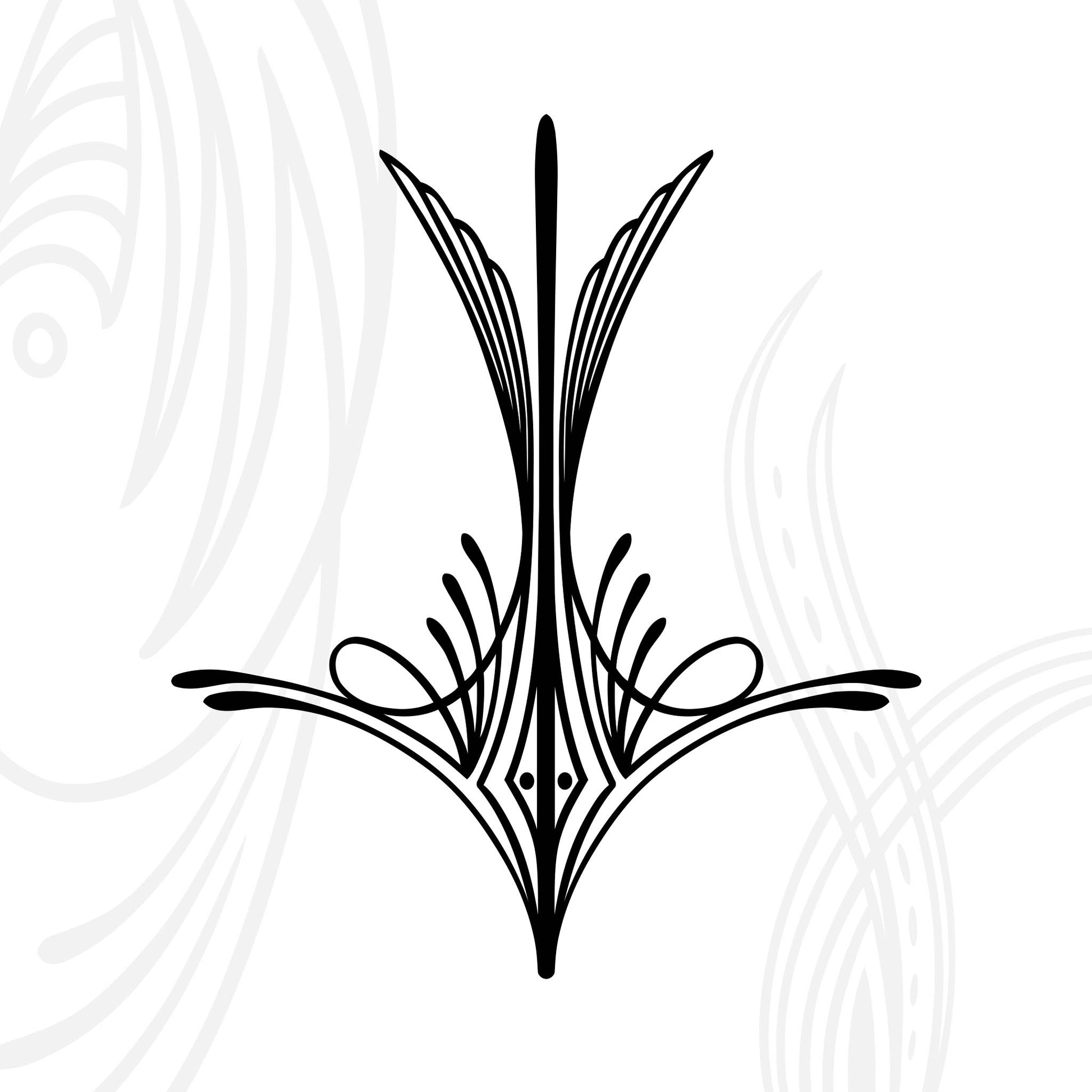 Black symmetrical line art design with pointed, wing-like shapes and curved accents, resembling an abstract floral or ornamental motif, on a white background with faint grey patterns.