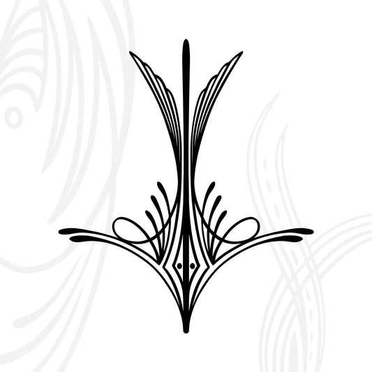 Black symmetrical line art design with pointed, wing-like shapes and curved accents, resembling an abstract floral or ornamental motif, on a white background with faint grey patterns.