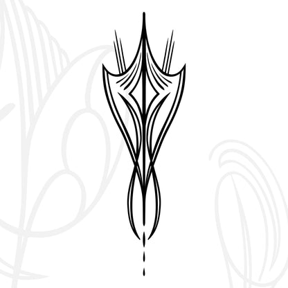 A symmetrical black line art design featuring abstract, petal-like shapes with pointed tips and curved lines, centered on a white background with faint floral patterns. A single drop shape extends from the bottom.