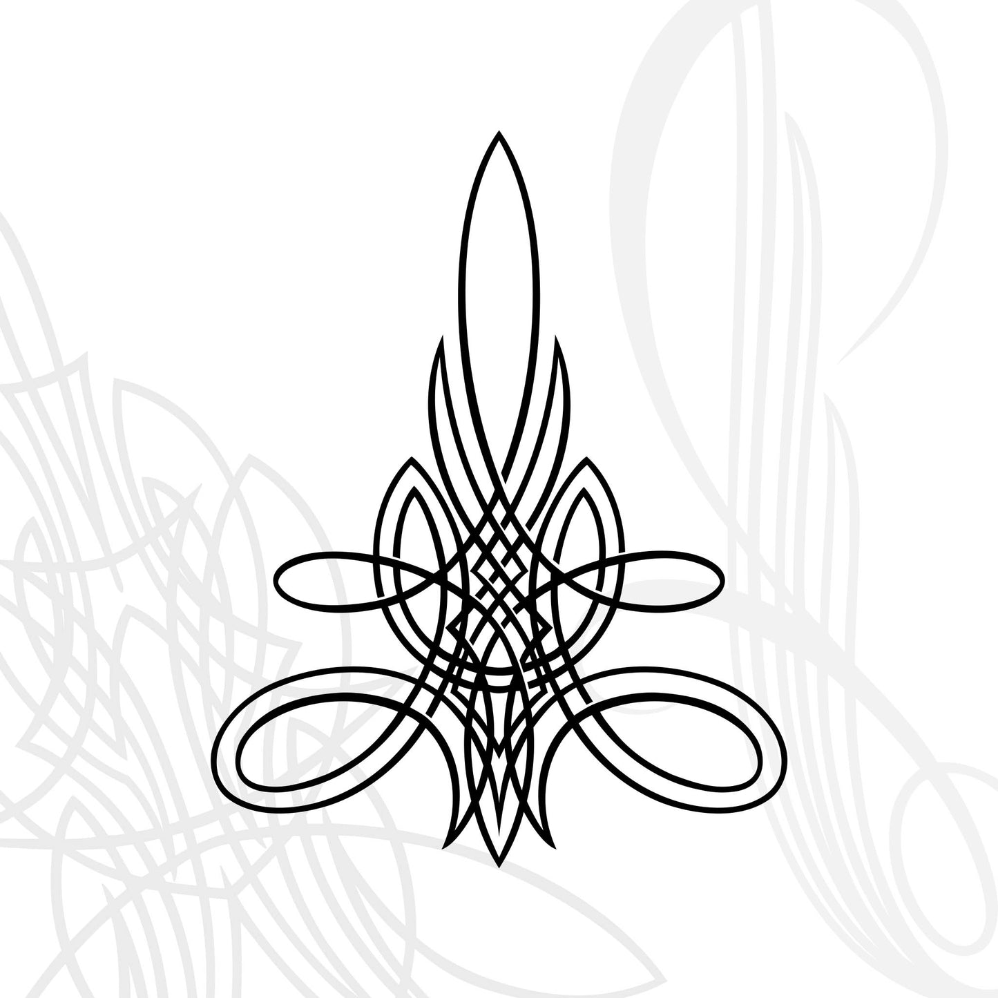 Black ornate symmetrical line art forming an abstract, decorative design on a white background, with a faint, oversized version of the same motif in the back. The lines curve, intersect, and loop in an intricate pattern.