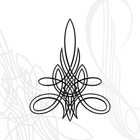 Black ornate symmetrical line art forming an abstract, decorative design on a white background, with a faint, oversized version of the same motif in the back. The lines curve, intersect, and loop in an intricate pattern.