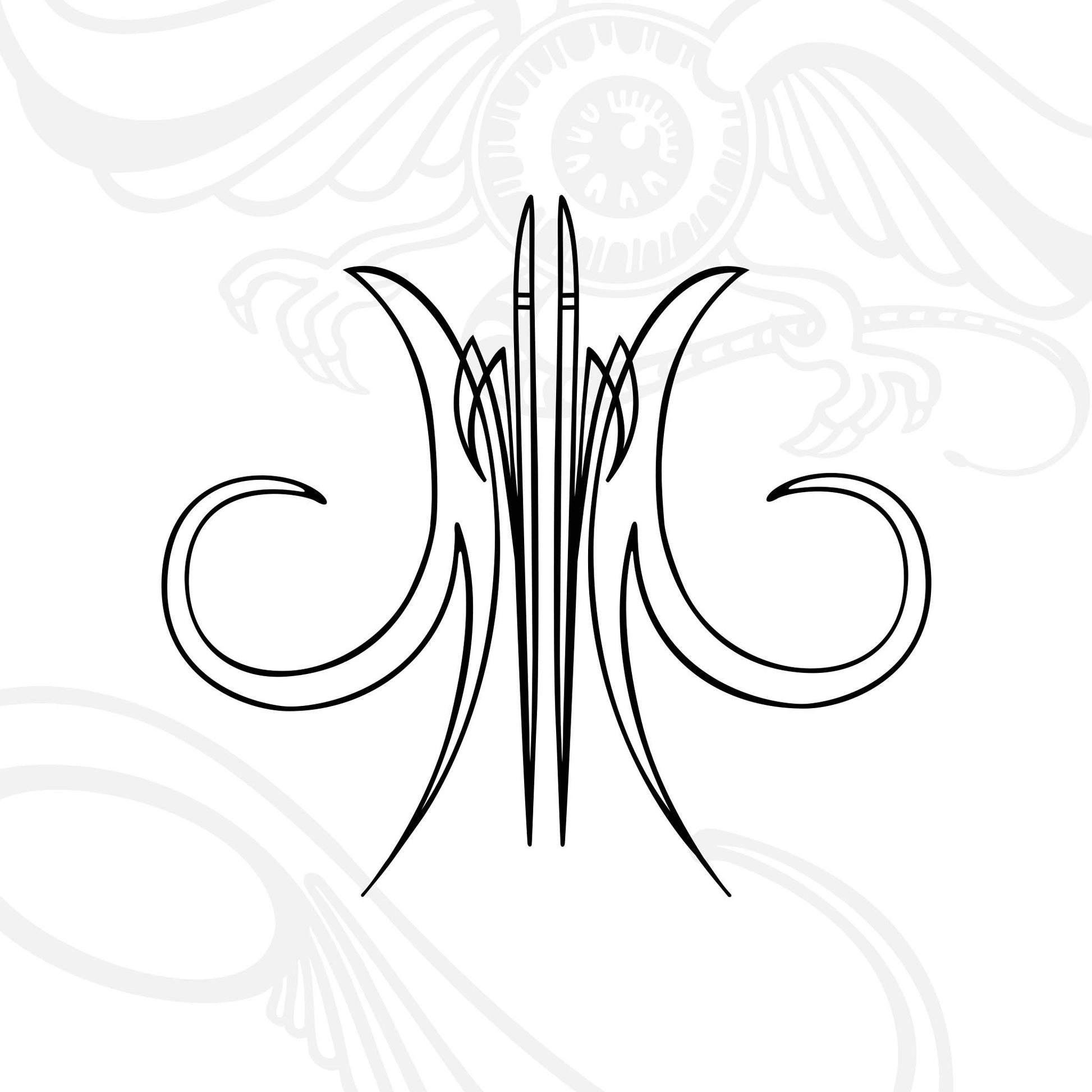 Black symmetrical abstract line art with elongated curves, sharp points, and swirling shapes on a white background. Faint, ornate winged designs appear in the background, adding depth to the image.