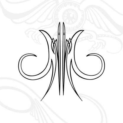 Black symmetrical abstract line art with elongated curves, sharp points, and swirling shapes on a white background. Faint, ornate winged designs appear in the background, adding depth to the image.