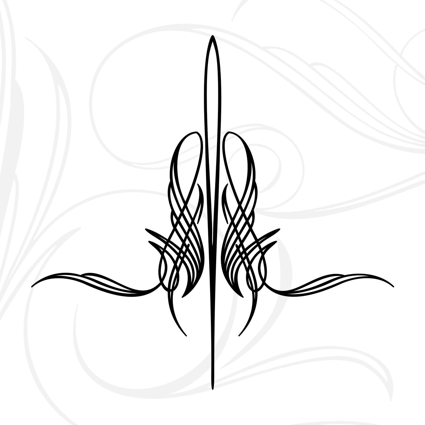 Black symmetrical decorative line art design with swirling, looping curves and a central vertical line, resembling elegant vintage ornamentation on a white background.