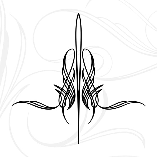 Black symmetrical decorative line art design with swirling, looping curves and a central vertical line, resembling elegant vintage ornamentation on a white background.