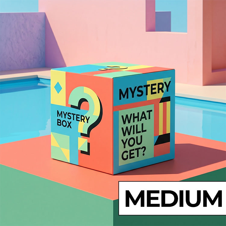 Colorful snicklefritz mystery box with geometric design and 'Medium' branding in a vibrant, abstract setting.