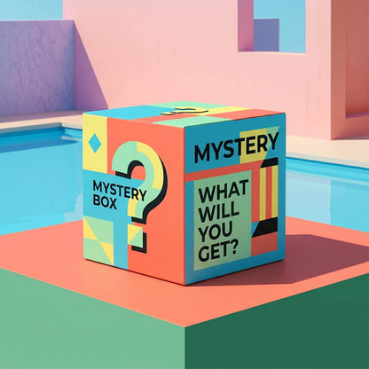 A Snickelfritz Resin Art Mystery Box by GorgeousDragon Designs LLC. sits on a geometric pedestal by a pool, surrounded by pastel walls and abstract shapes, inviting curiosity: What resin art surprise will you get?.