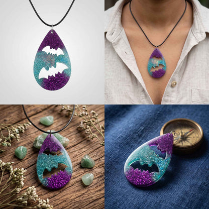 A four-panel collage showing a teardrop-shaped pendant necklace with a bat silhouette cutout. The pendant has a glittery teal-to-purple gradient and is shown on a black cord against a light gray background, worn on a person's neck, resting on a wooden surface with stones, and on blue fabric with a compass.