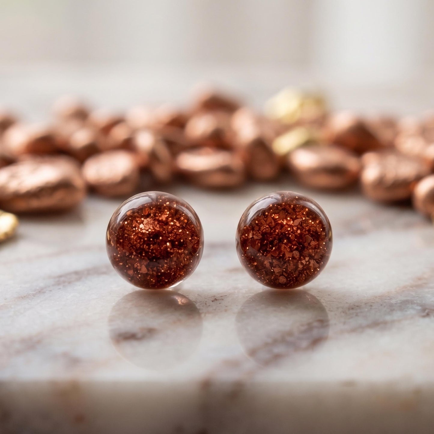 Sparkly Amber Orange Round Stud Earrings