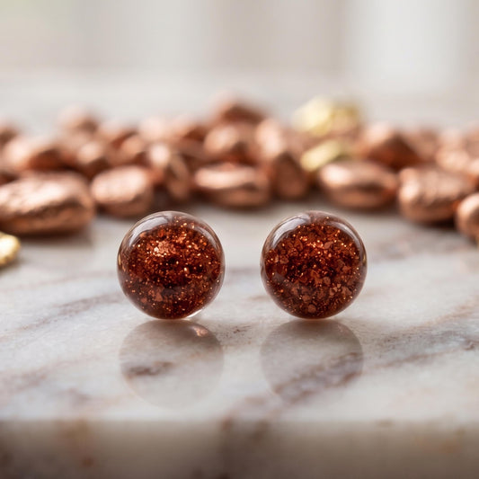 Sparkly Amber Orange Round Stud Earrings