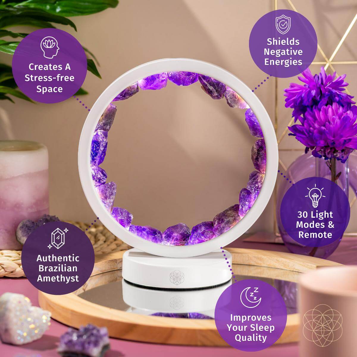 The Stress Less, Sleep More – Amethyst Healing Lamp by Conscious Items, a circular lamp with purple stones, creates a healing oasis. It offers 30 light modes, enhances sleep quality, shields from negative energies, and promotes a stress-free space.