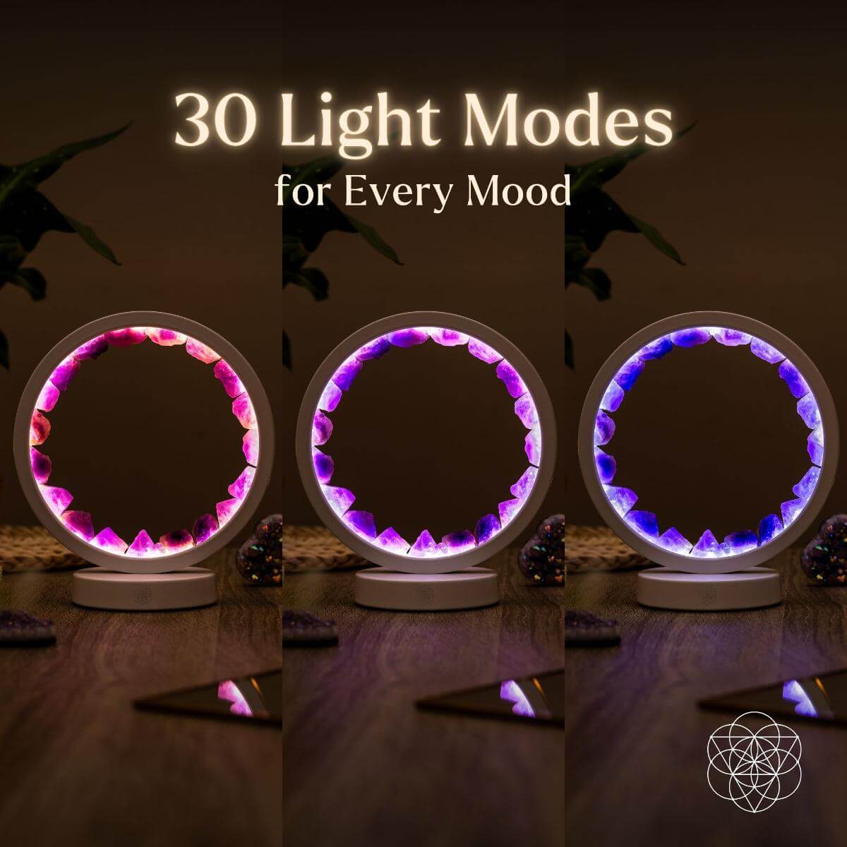 Three Stress Less, Sleep More – Amethyst Healing Lamps from Conscious Items glow in pink, purple, and blue with 30 light modes, transforming any dim room into a calming healing oasis perfect for meditation.