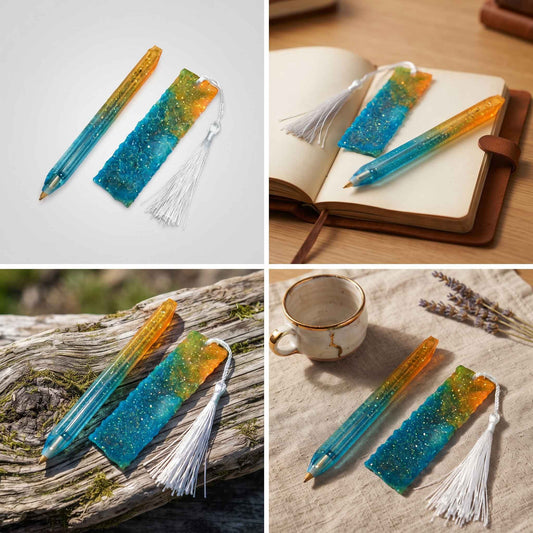 A four-panel collage showing a decorative translucent bookmark or pen-like accessory with a white tassel, displayed in different settings: on a light background, over an open book, on weathered wood, and beside a cup with dried lavender.