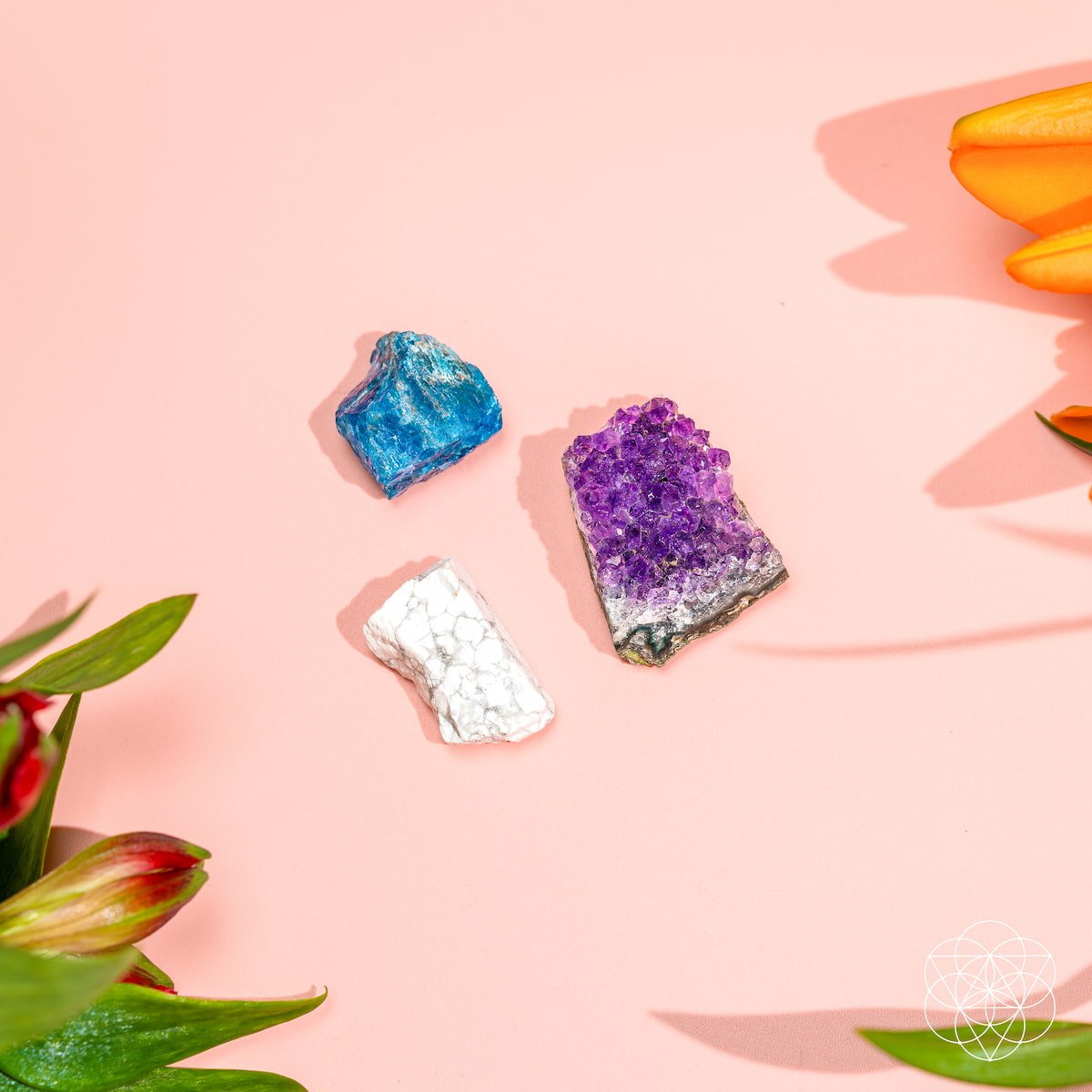 The Anti-Anxiety Trio from Conscious Items features blue, purple, and white calming stones on a pink surface with green leaves and orange flowers. A geometric white logo is in the bottom right—ideal for stress relief.