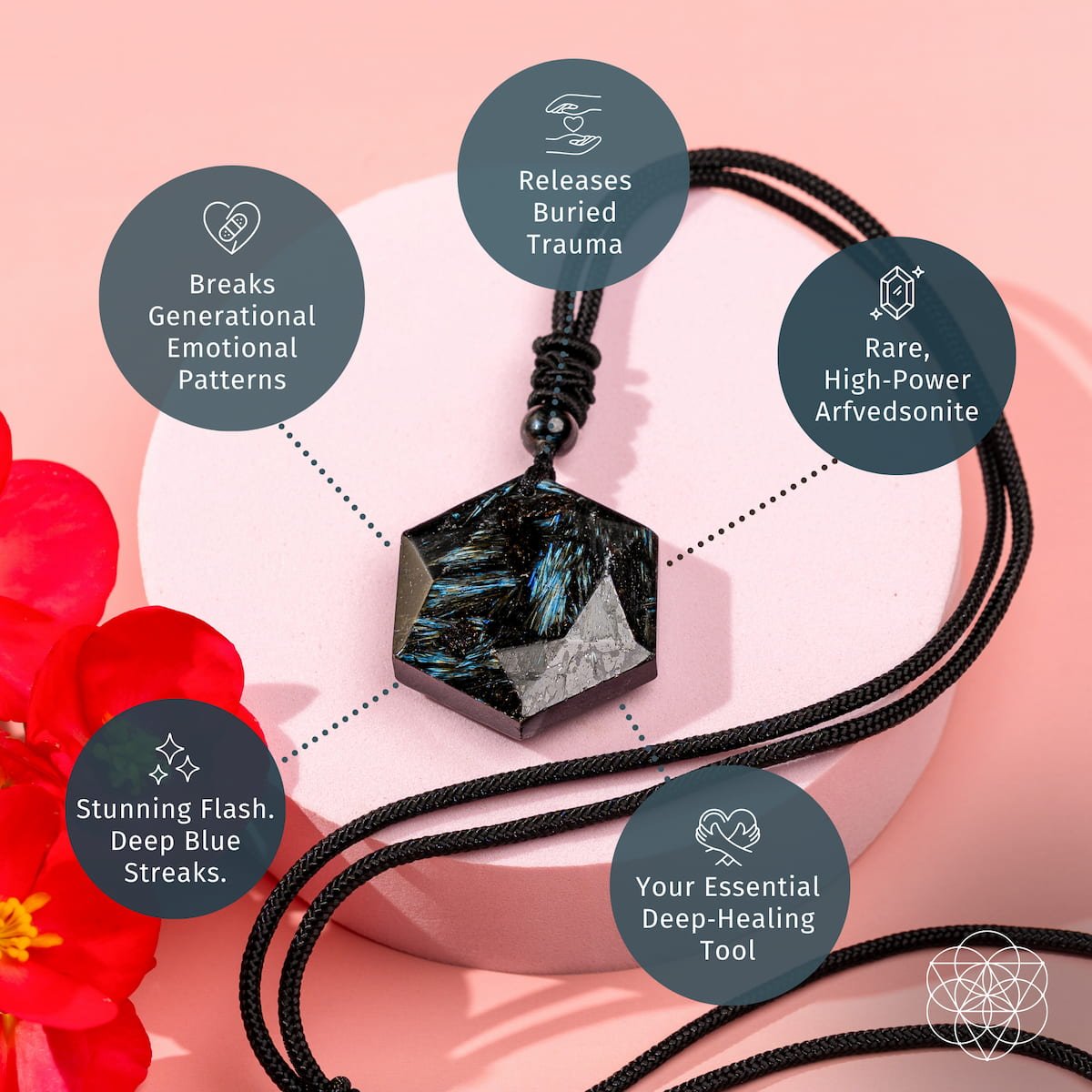The Arfvedsonite Deep Healing Pendant by Conscious Items—a black stone with blue streaks, known for vision and emotional healing—hangs on a black cord against a pink jewelry stand, with its properties in text bubbles and a red flower on the left.