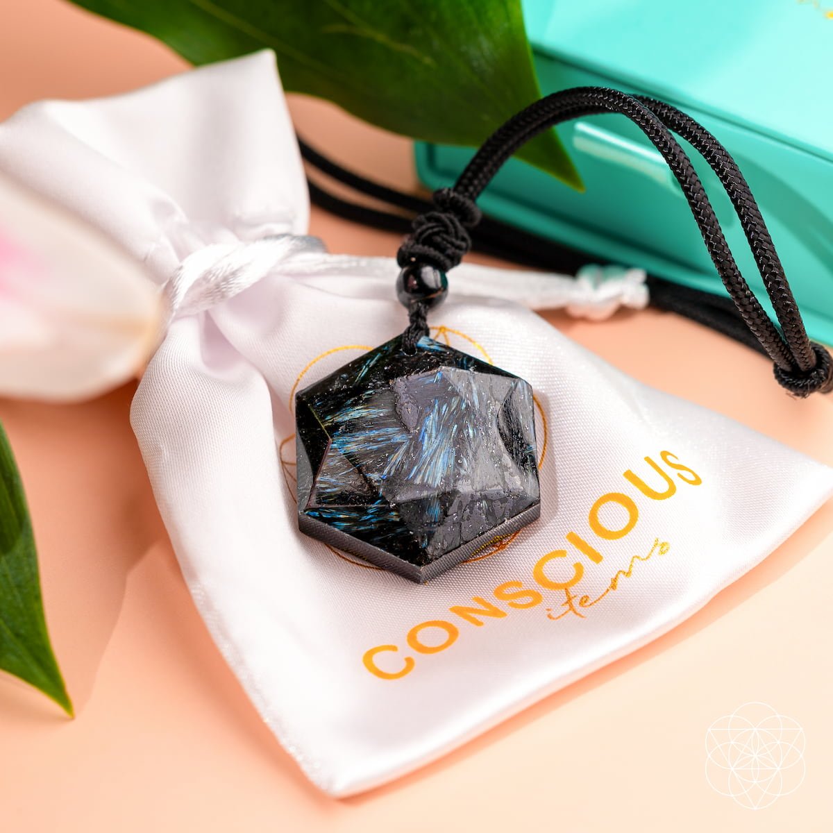 The Arfvedsonite Deep Healing Pendant by Conscious Items, a vision stone and emotional healing crystal, hangs on a black cord atop a white drawstring pouch with gold branding, next to a turquoise box and green leaves on a peach backdrop.