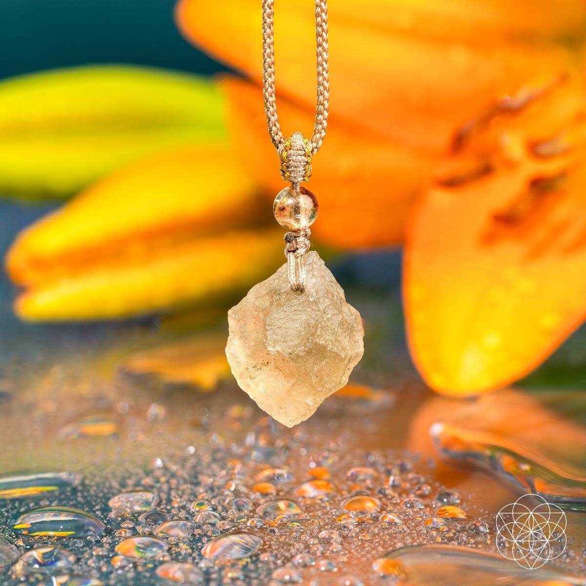 The Destiny Relic – Libyan Desert Glass Pendant by Conscious Items features a raw tektite and bead on a cord necklace, glowing golden against an orange lily and water droplets in a striking close-up photograph.
