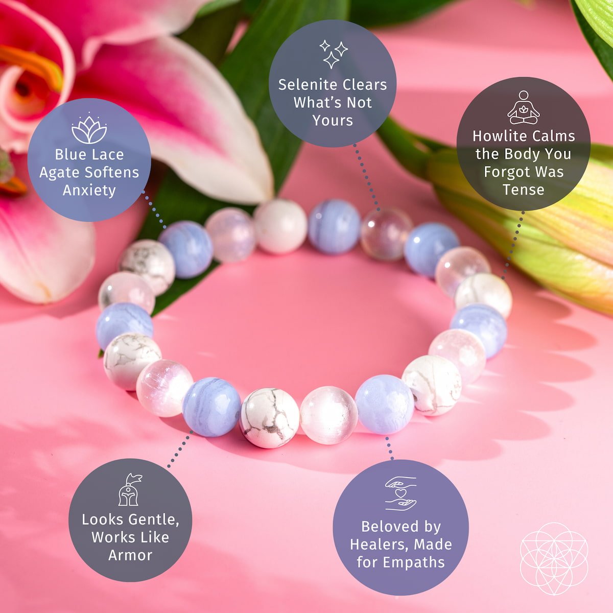 The Empath’s Trio - Daily Reset Bracelet by Conscious Items features calming blue lace agate, selenite, and howlite for gentle protection and emotional healing, displayed with pink lilies to highlight its empath-supporting properties.