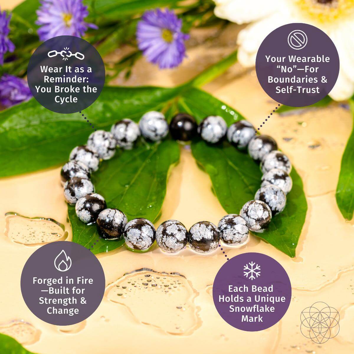 The Pattern Breaker – Snowflake Obsidian Bracelet by Conscious Items rests on dewy green leaves, its beads symbolizing power to break negative patterns, set boundaries, find inner strength, and showcase unique snowflake designs.