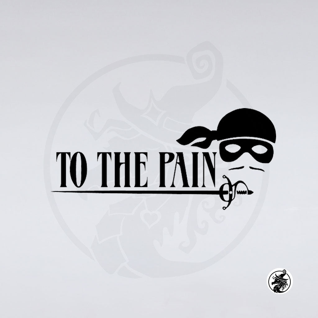 Black vinyl decal featuring the text 'TO THE PAIN' in a serif font, with a ninja mask, headband, and katana graphic on a plain white background.