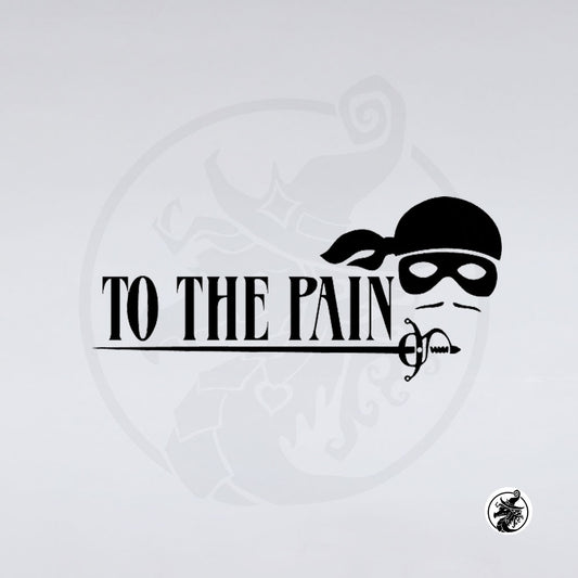 Black vinyl decal featuring the text 'TO THE PAIN' in a serif font, with a ninja mask, headband, and katana graphic on a plain white background.