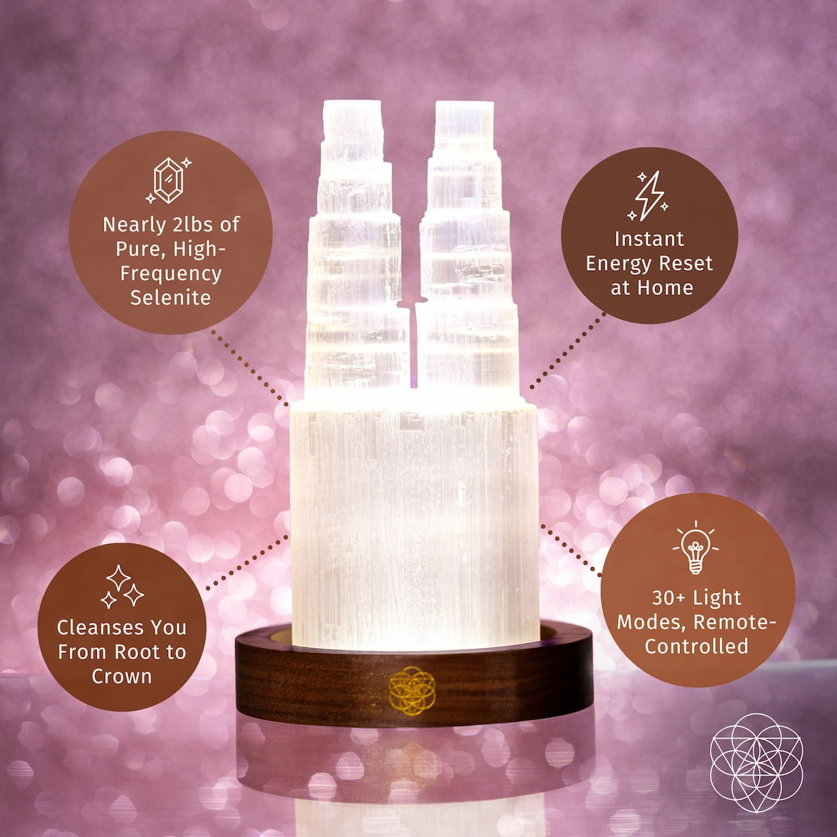 The Conscious Items Two-Tower Selenite Lamp features tall Moroccan selenite towers on a round base, with remote-controlled lighting and infographic bubbles showing benefits: deep energy cleanse, high-frequency reset, and crown-to-root cleansing.